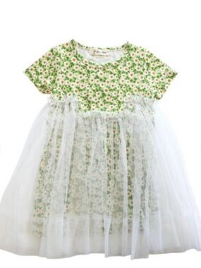 Floral Daisy Tulle Dress in Green and White